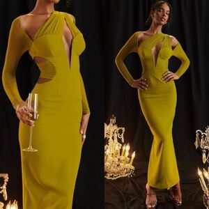 House of CB Chartreuse Long Sleeve Cut-Out Dress